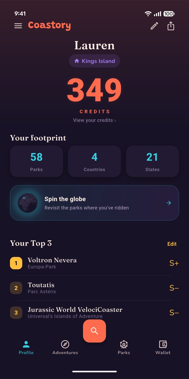 Lauren’s Coastory profile, with coaster credits, parks visited, and favorite rides