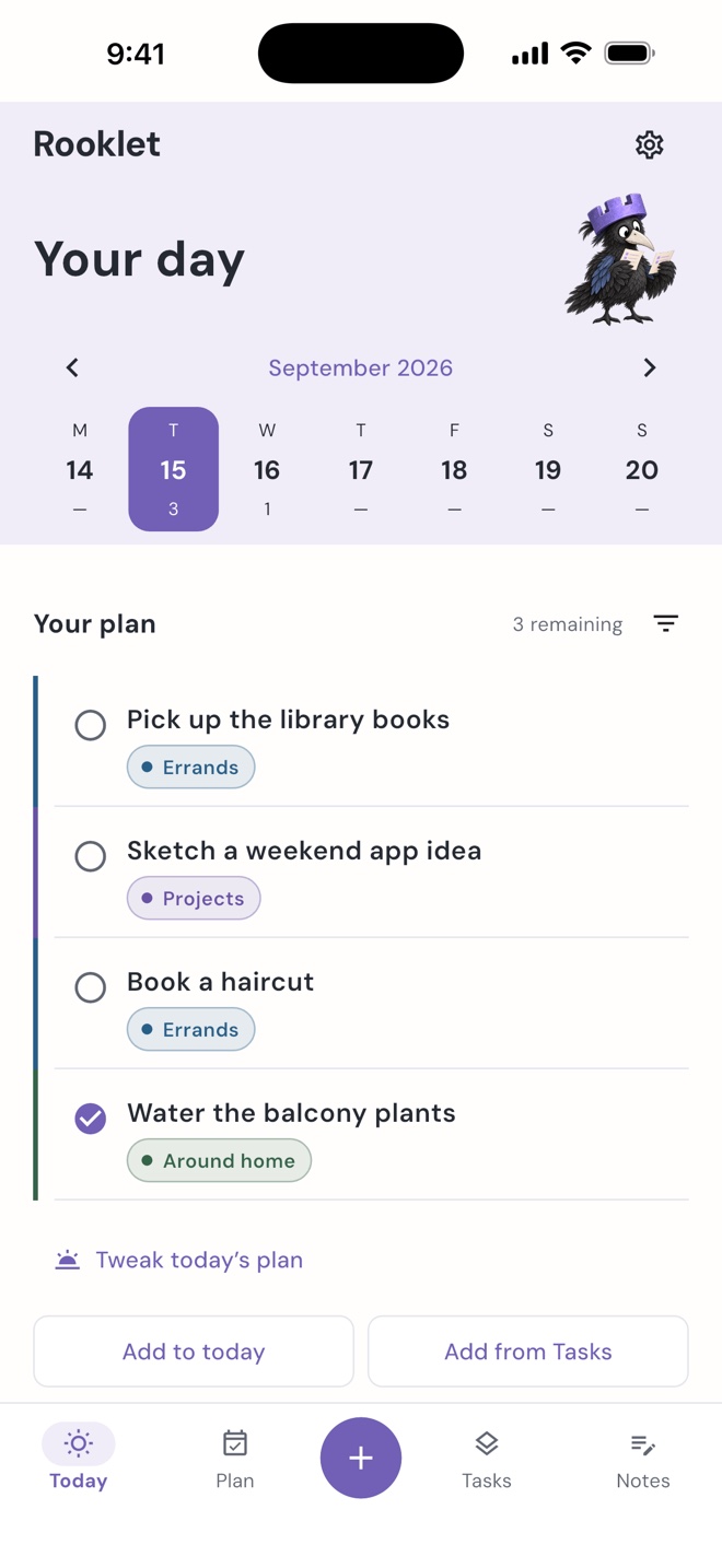 Rooklet’s Today view, with a daily plan and example tasks